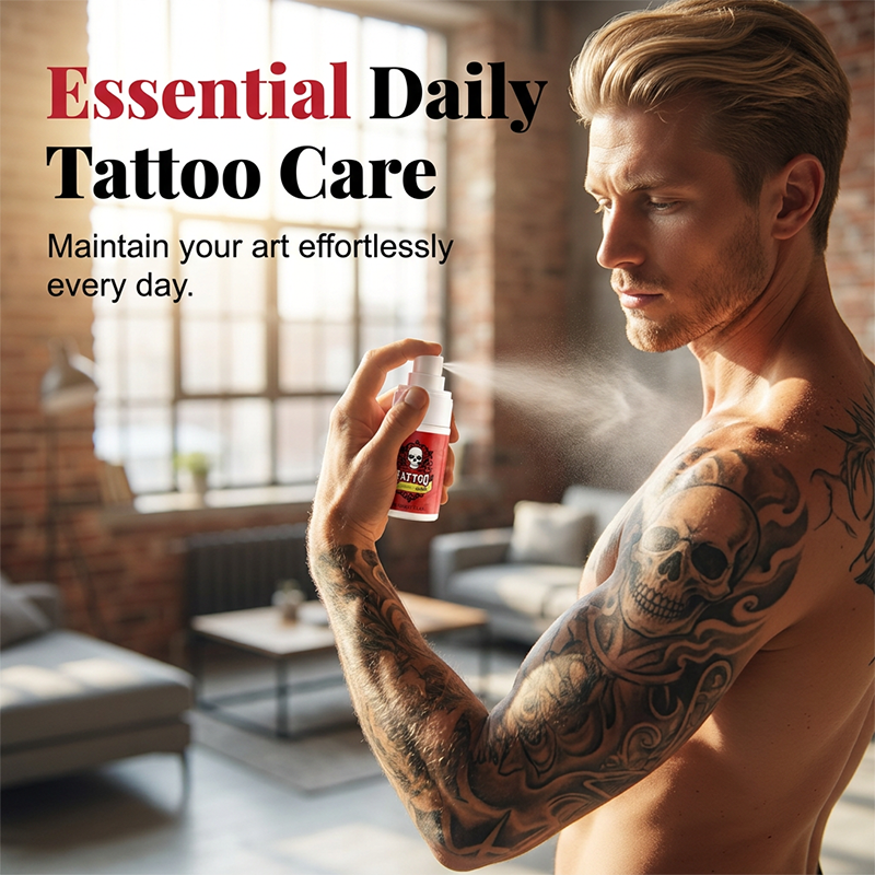 Shirtless man misting the spray onto a skull tattoo covering his shoulder and arm.