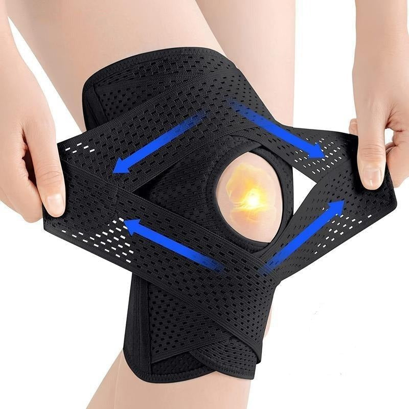Hands pulling the crossed mesh straps of a black knee wrap around an open kneecap, with blue arrows showing the pulling directions. 1