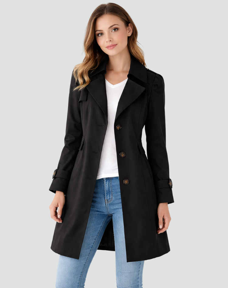 Black trench coat worn open over a white V-neck tee and light blue jeans.