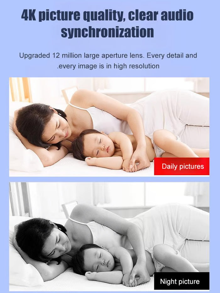 Two comparison shots of a mother lying beside a sleeping baby, one in color and one in black-and-white night view.