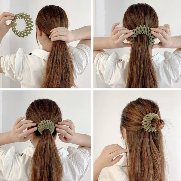 Twist-and-snap hair clip in green shown in a four-step sequence of use.