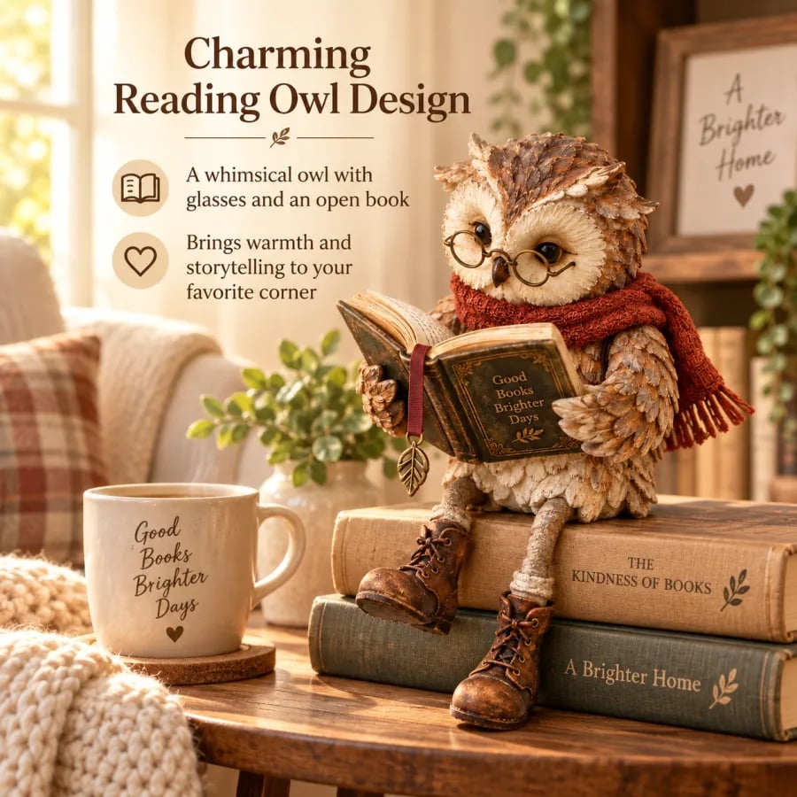 Owl figurine another view perched on a stack of books beside a mug and plaid pillow
