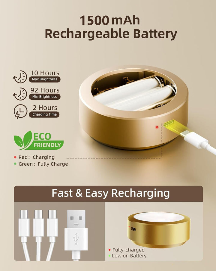 Open gold light showing its rechargeable battery cells and a USB-C cable plugged in, with battery life and charging time details. 7