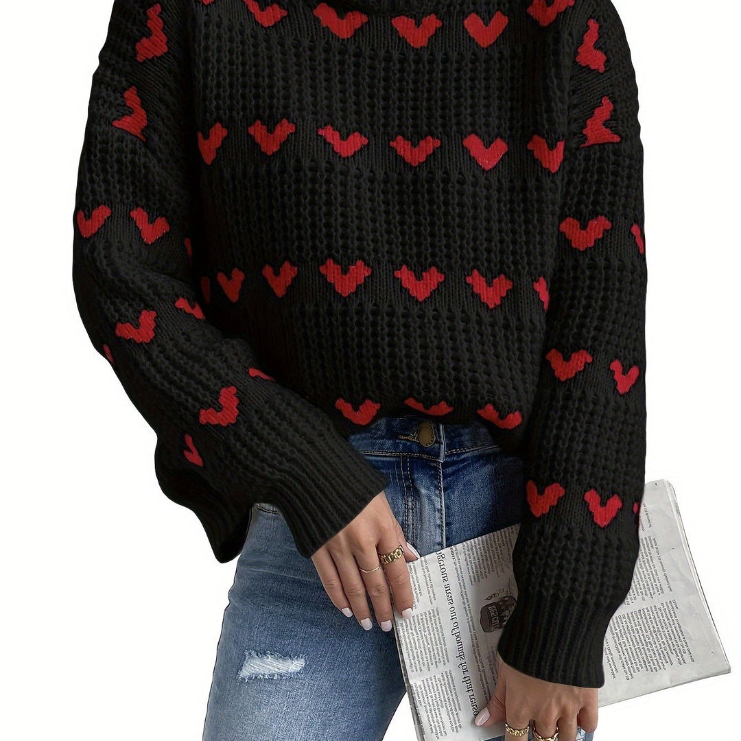 Knitted Ladies' Sweater with Heart Pattern and High Neck – Nola