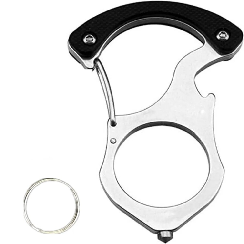 Stainless steel car key fob organizer with carabiner on a white background, another view
