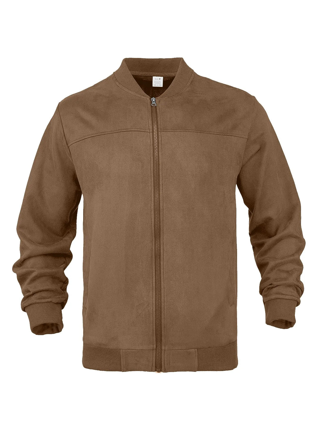 Brown suede-look zip-up bomber jacket laid flat, front view with ribbed collar, cuffs and hem 40