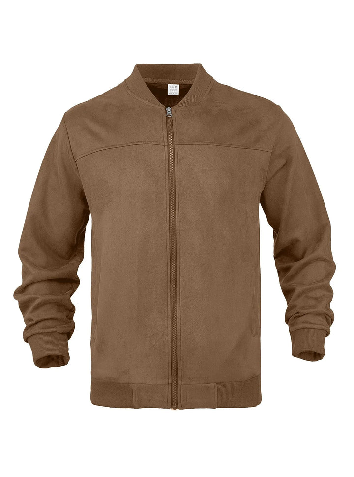Brown suede-look zip-up bomber jacket laid flat, front view with ribbed collar, cuffs and hem 40