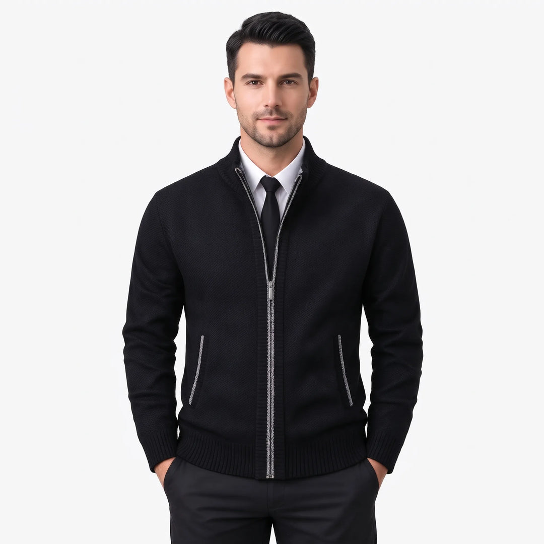 Model wearing a black knit zip cardigan with gray zipper trim, shirt and tie 40