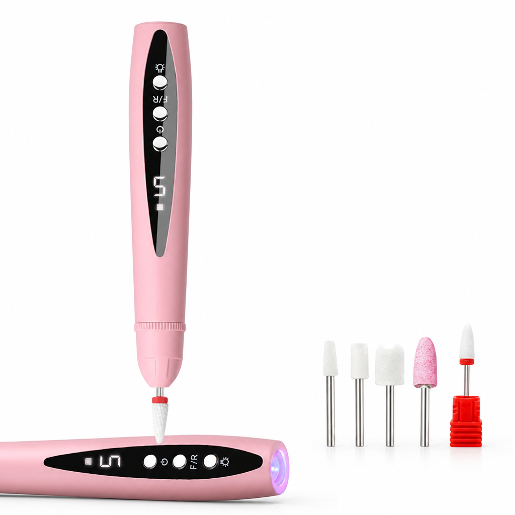 Pink version of the drill upright and lying flat showing its purple UV light, beside five white, pink and red-based bits. 6