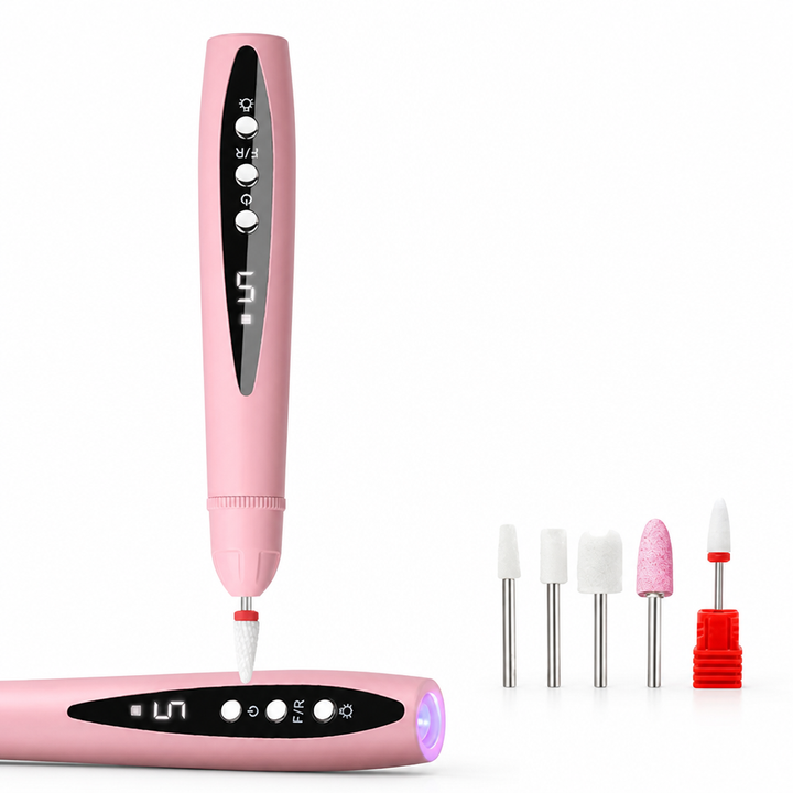 Pink version of the drill upright and lying flat showing its purple UV light, beside five white, pink and red-based bits. 6