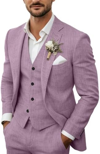 Men's lightweight linen three-piece suit in lilac purple with blazer, vest, and white shirt