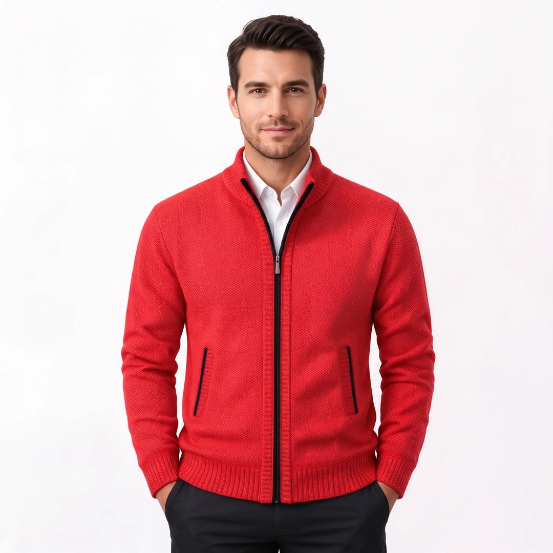 Front view of a man in a red textured knit zip cardigan with ribbed trim, black pants, white shirt 41
