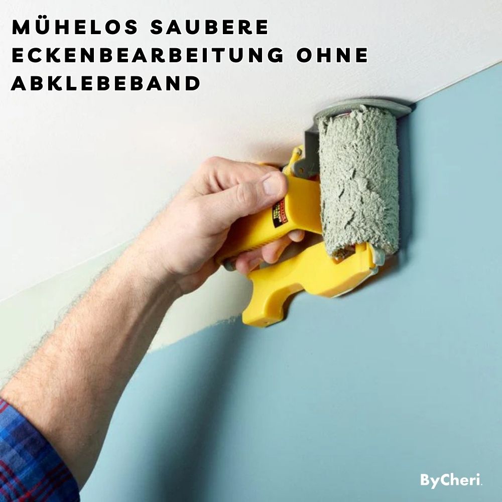 Yellow edge painting guide tool detail along the ceiling line between a white ceiling and light blue wall.