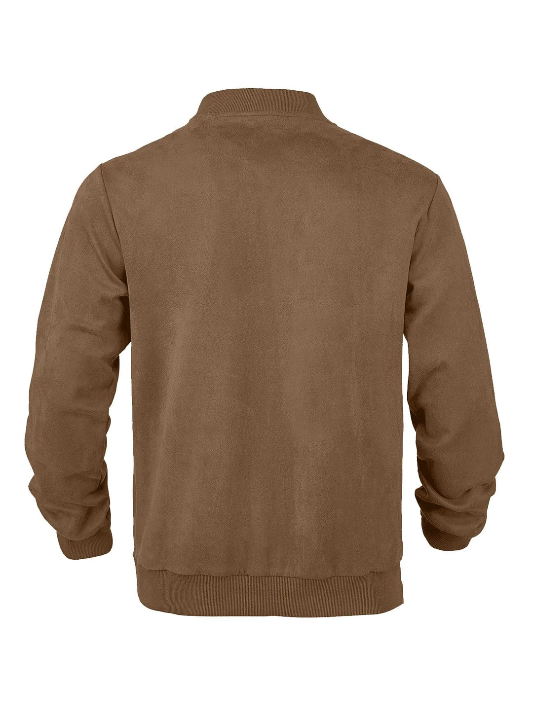Back view of the brown suede-look bomber jacket with ribbed collar, cuffs and hem 41