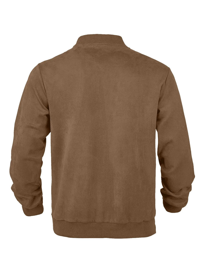 Back view of the brown suede-look bomber jacket with ribbed collar, cuffs and hem 41