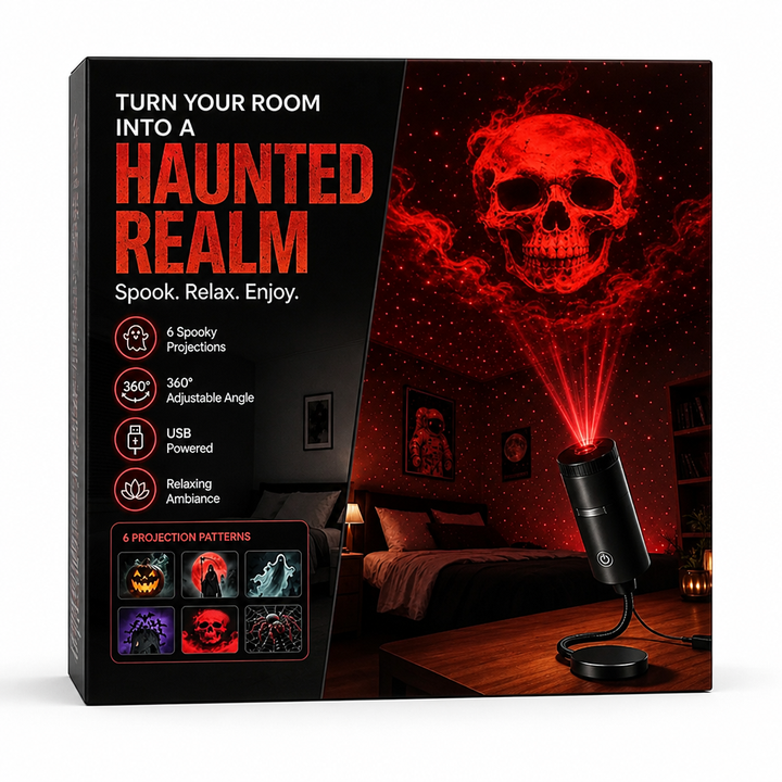 Black retail box with spooky projection discs and a projector on a round base.