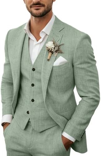 Men's lightweight linen three-piece suit in soft sage green with blazer, vest, and white shirt
