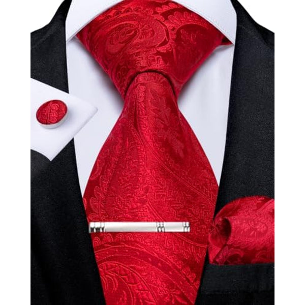 Bright red tie set with matching cufflink, pocket square and silver tie clip.