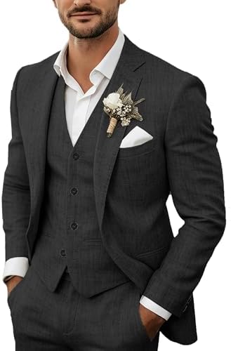 Men's lightweight linen three-piece suit in charcoal black with blazer, vest, and white shirt