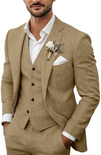 Men's lightweight linen three-piece suit in tan with blazer, vest, and white shirt