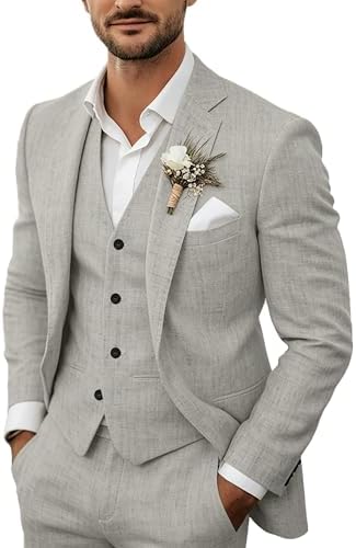 Men's lightweight linen three-piece suit in light gray with blazer, vest, and white shirt
