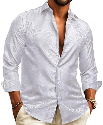 Model wearing the long-sleeve shirt in white tone-on-tone paisley jacquard, open collar, styled with cream trousers.