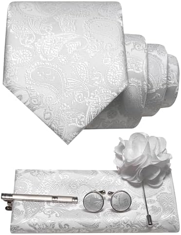 White paisley tie set with pocket square, cufflinks, tie clip and white flower lapel pin 19