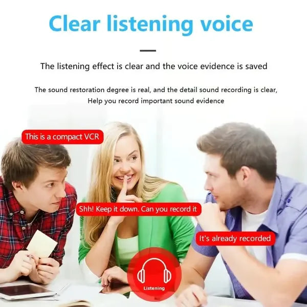 Mini HD Security Camera clear voice recording detail with three people around a table