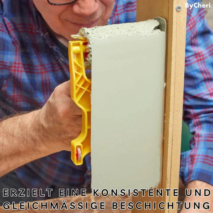 Yellow edge painting guide tool held against a wooden door edge.