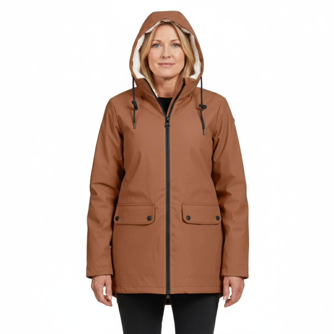 Woman facing forward in a rust-brown hooded jacket with cream fleece lining, flap pockets and black zipper.