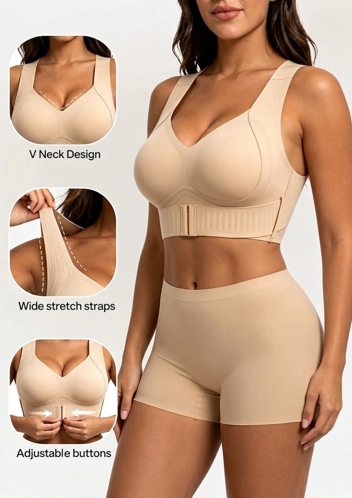 Beige bra with close-ups of the V-neck, the wide stretch straps and the adjustable front hooks.