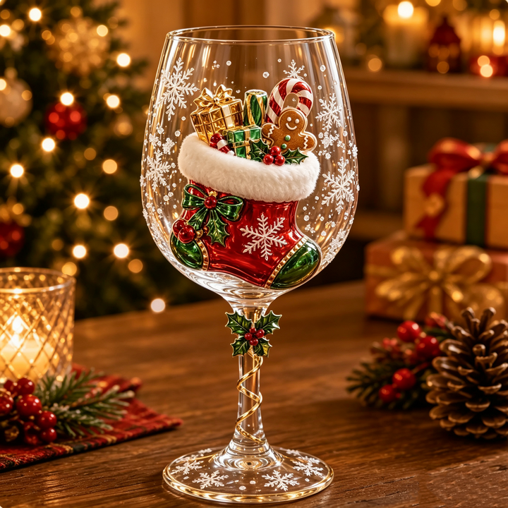 Wine glass with a 3D Christmas stocking filled with gifts, a candy cane and a gingerbread man, with a holly stem charm. 6