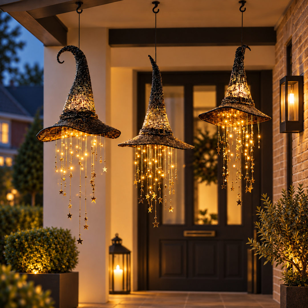Three illuminated witch hats hang from hooks on a covered front porch beside a dark door 4