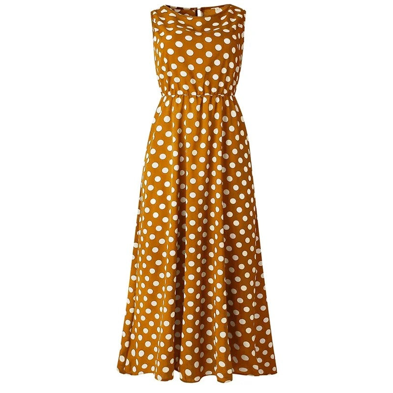Mustard yellow sleeveless midi dress with white polka dots and an elastic waist, shown flat on white 8