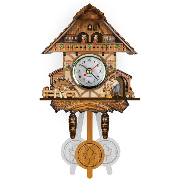 Chalet wall clock with water wheel, dog by a fence, woman carrying a basket and red-checked windows 8