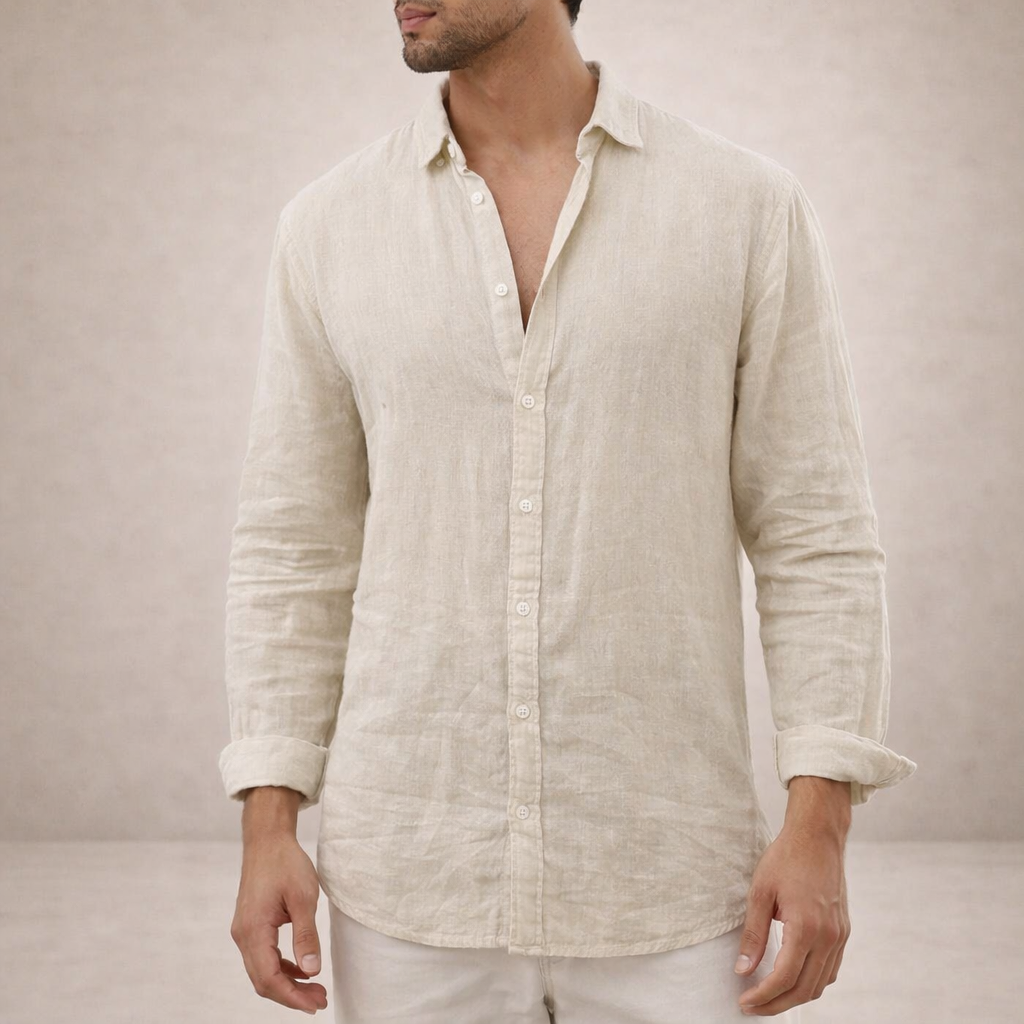 Model wearing the natural beige linen shirt, relaxed collar and rolled sleeves.
