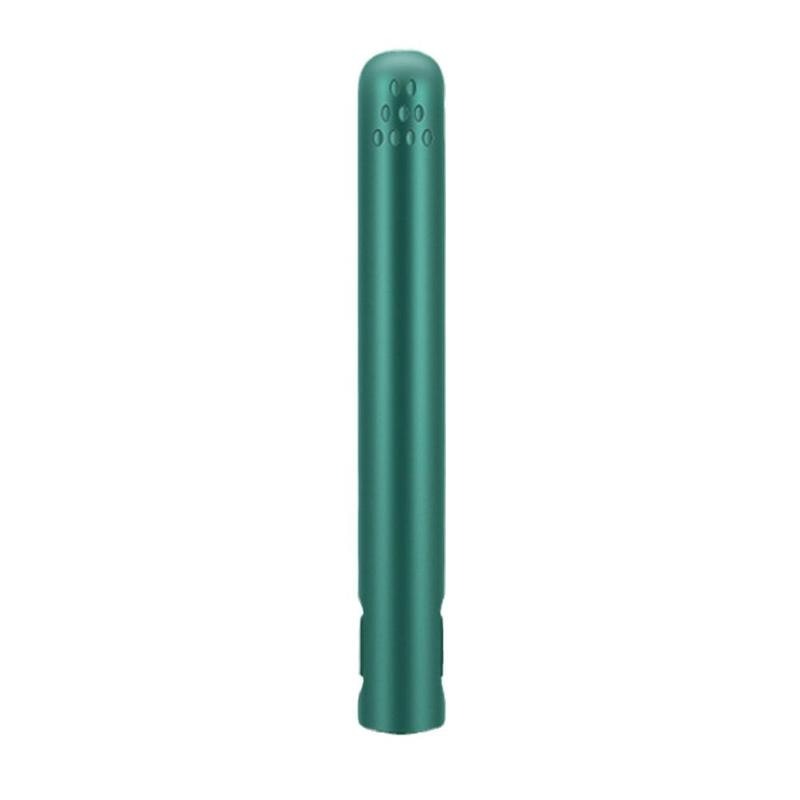 Closed green straightener standing upright on a white background, with small vent dots near the top 8