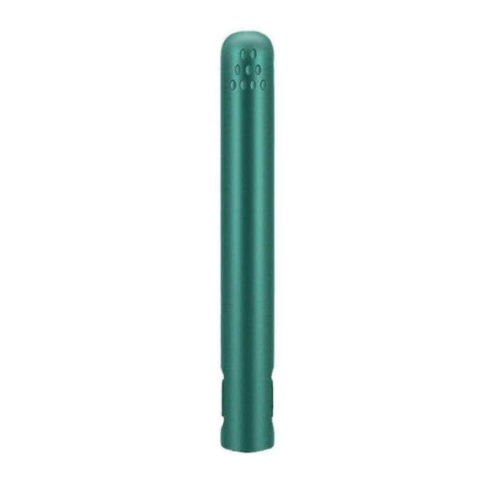 Closed green straightener standing upright on a white background, with small vent dots near the top 8
