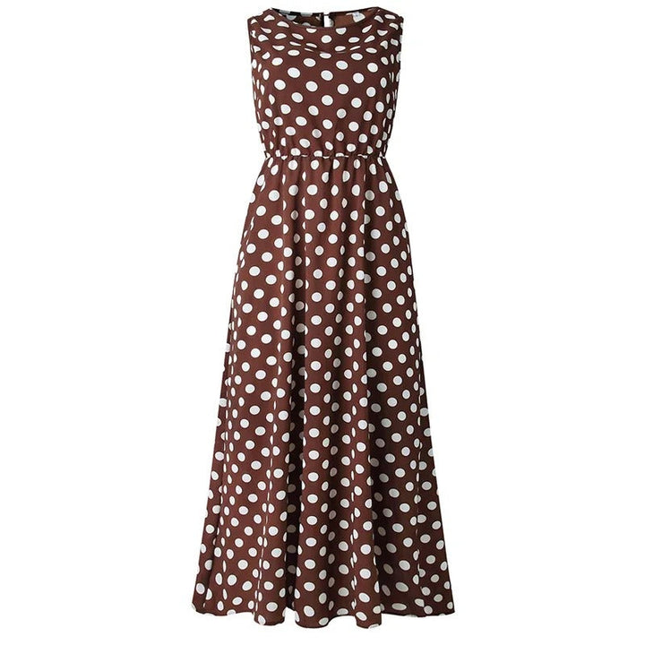 Brown sleeveless midi dress with white polka dots and an elastic waist, shown flat on white 1