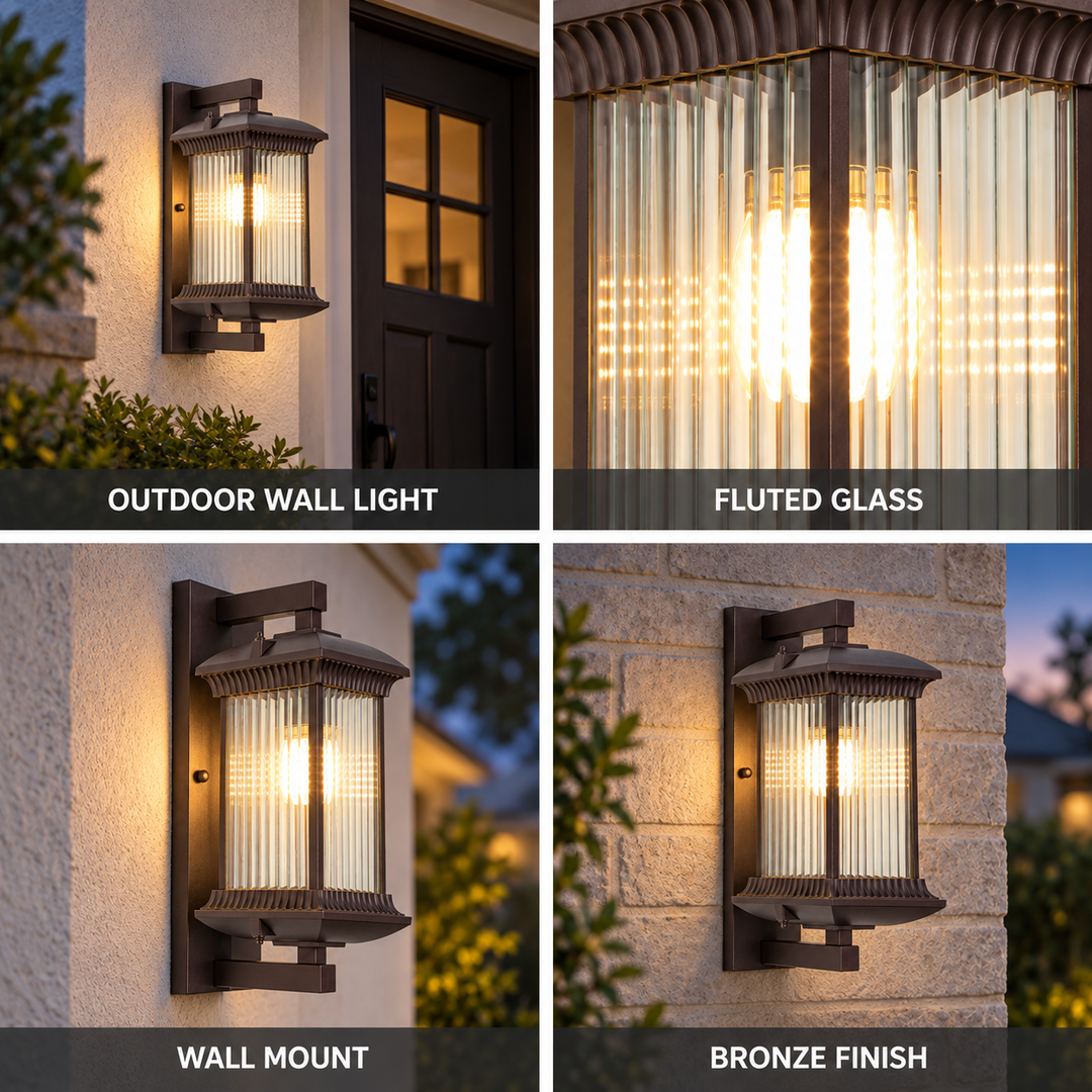 Another view of the outdoor wall light with a front door scene, a ribbed glass close-up, and two mounted views.