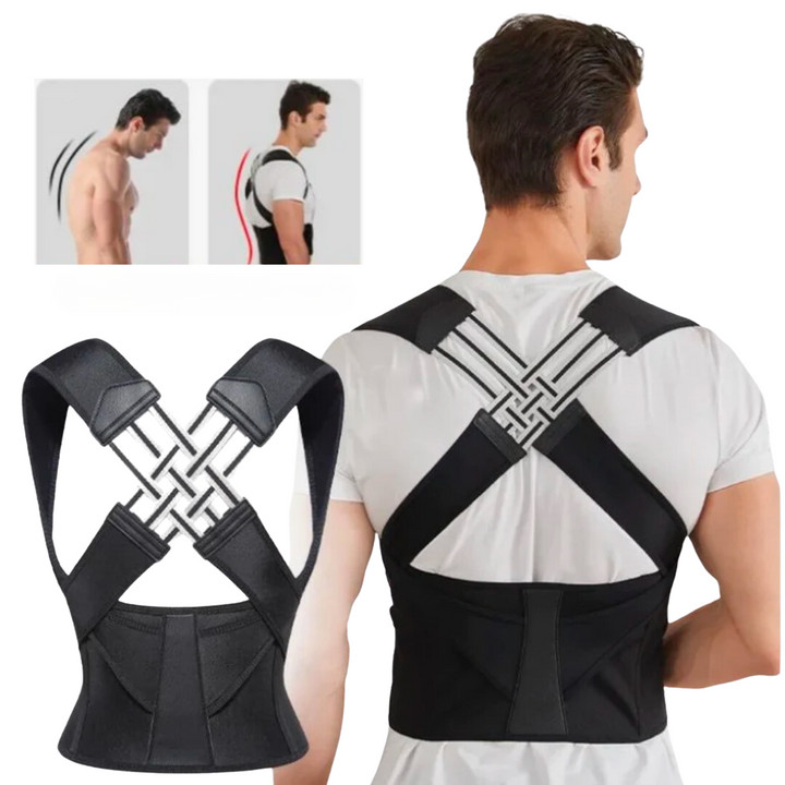 Black posture brace shown flat from the back and worn by a man, with a before-and-after slouch comparison inset. 1
