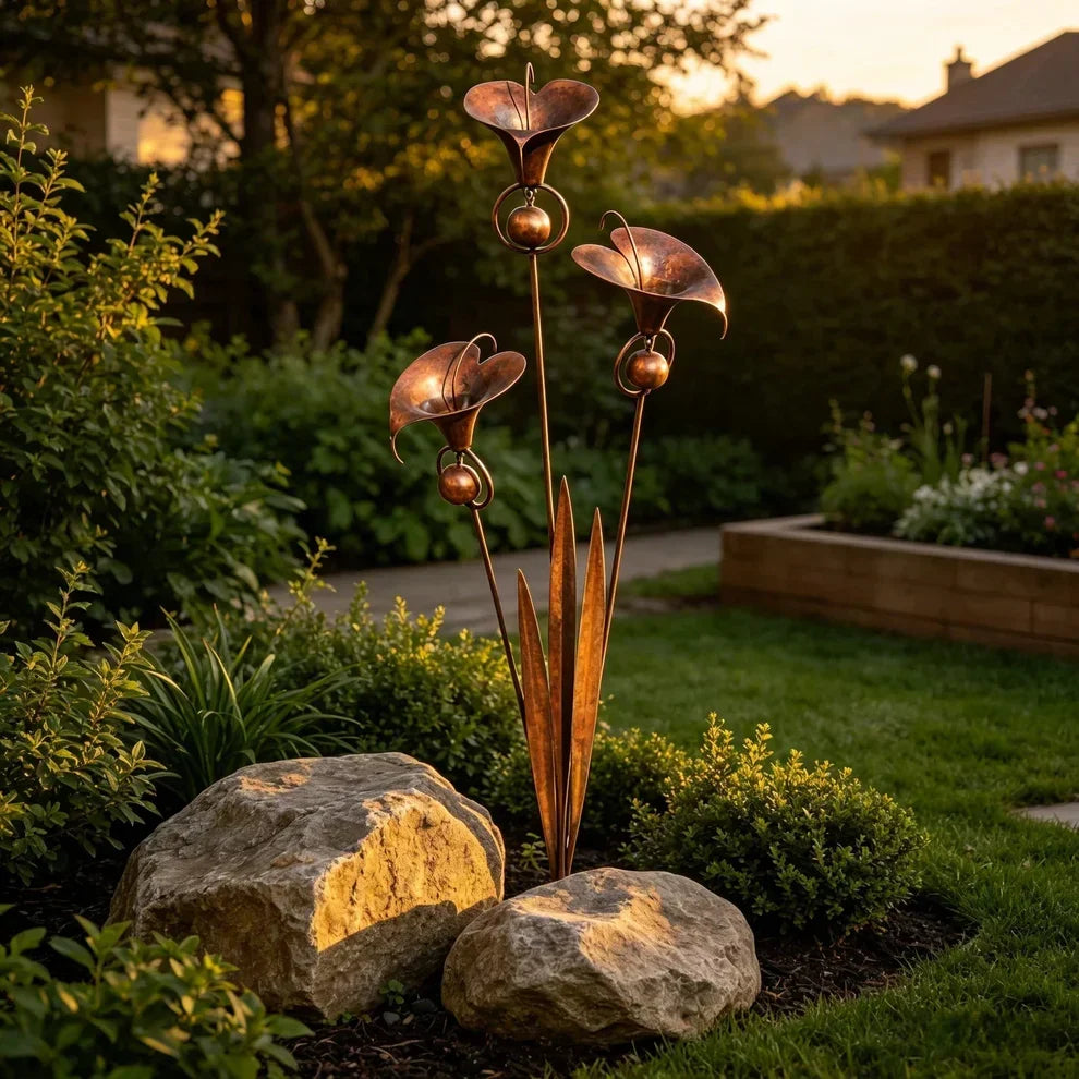 Copper bloom stake at golden hour on a lawn, set between two large boulders with hedges and a raised bed behind. 5