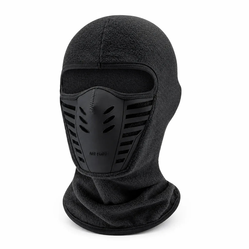 Angled view of a dark gray fleece balaclava with a black vented mouth panel and slotted sides 8