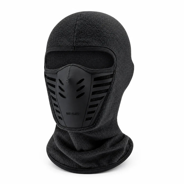 Angled view of a dark gray fleece balaclava with a black vented mouth panel and slotted sides 8