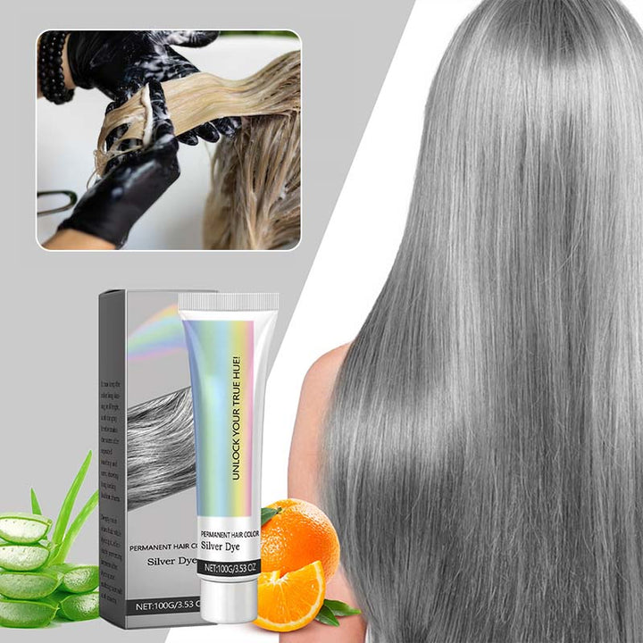 Tube and box with aloe and orange slices, gloved hands applying color to hair, and a woman's long straight silver hair. 6