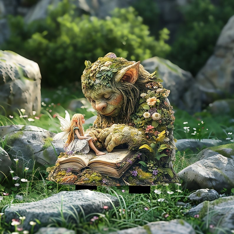 Fairy Tale Acrylic Garden Stake with a troll and fairy resting on grass detail