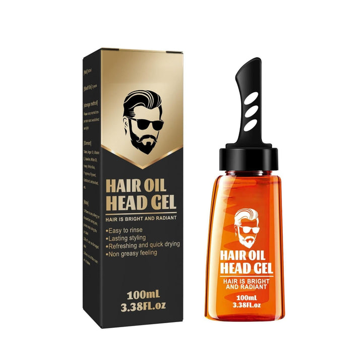 Orange gel bottle with black comb cap standing beside its black and gold box.