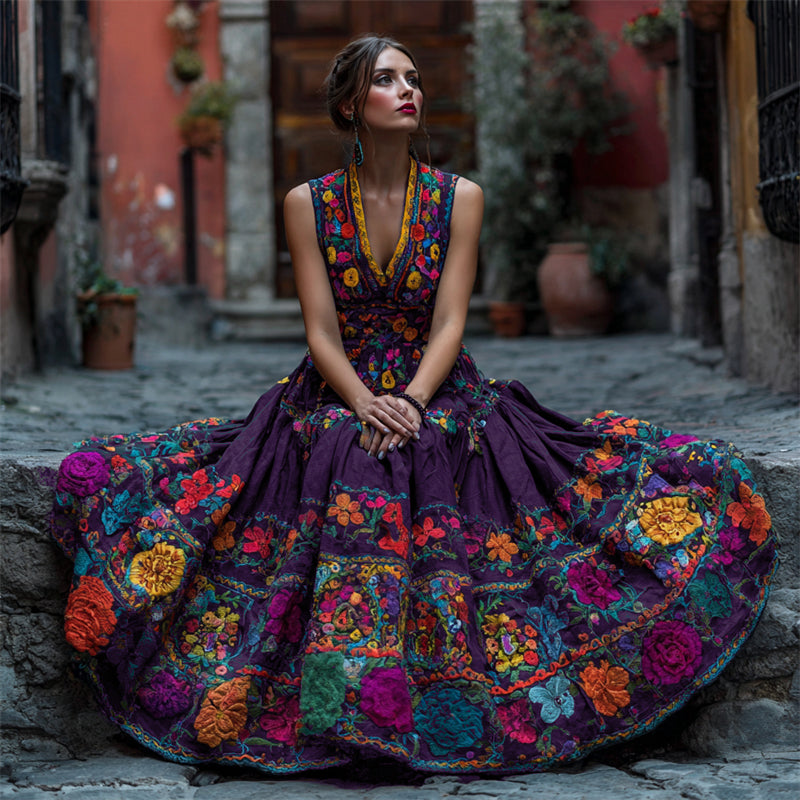 Rich purple embroidered maxi dress with bright floral embroidery across the wide skirt.