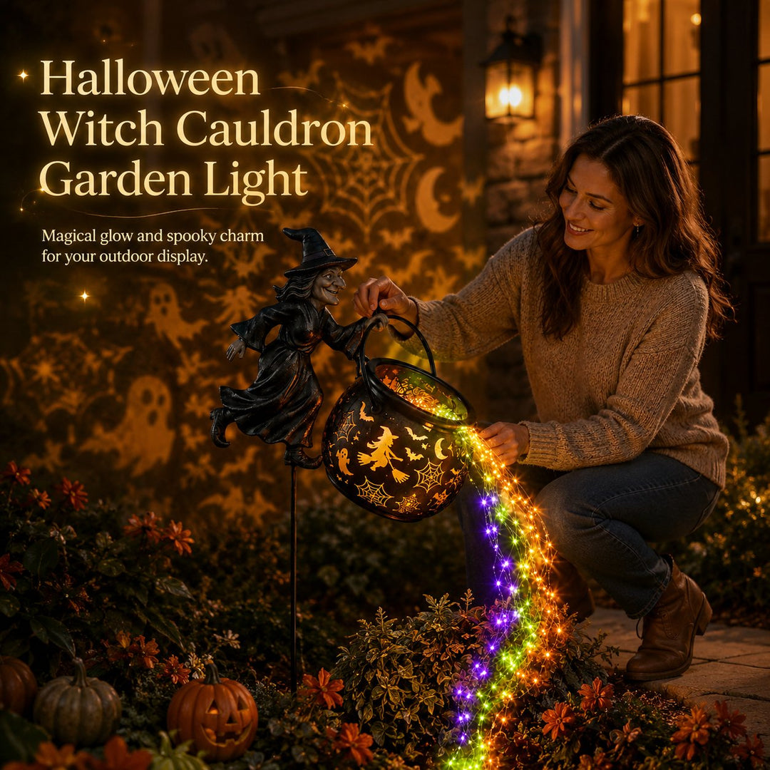 Woman crouches beside the stake-mounted witch figure with multicolor lights pouring toward the flower bed.