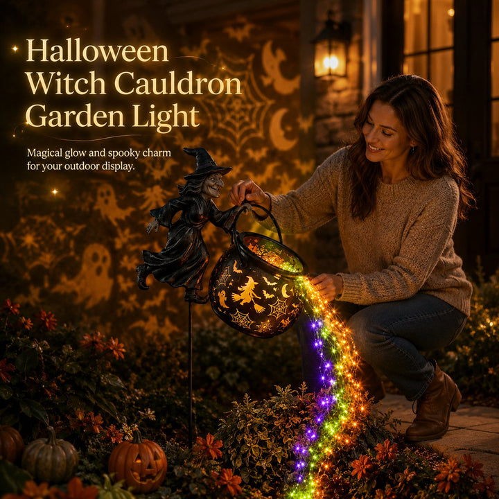 Woman crouches beside the stake-mounted witch figure with multicolor lights pouring toward the flower bed.